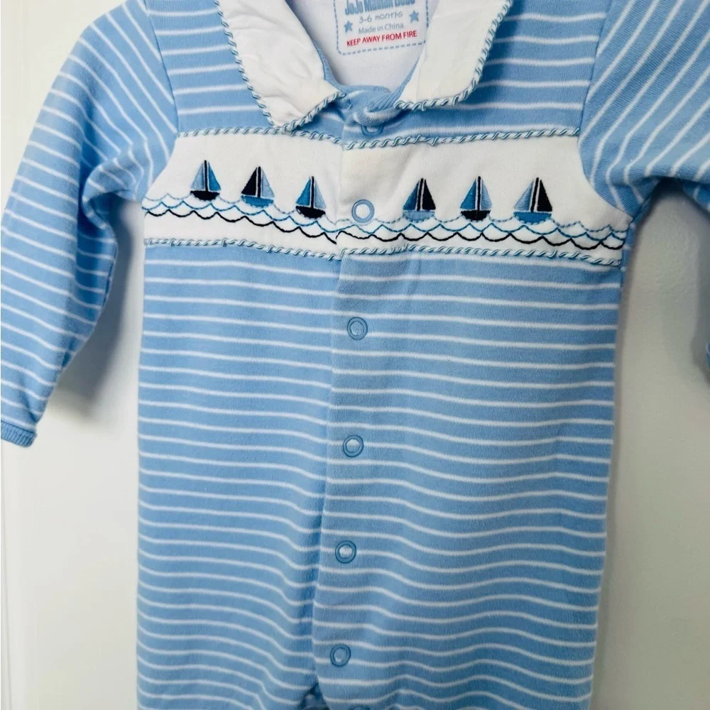 JoJo Maman Bebe Blue Boat Embroidered Sleepsuit 3-6M